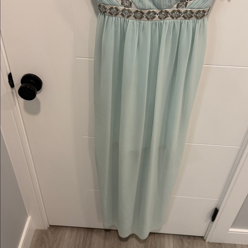 Minuet Petite Mint Green Satin Dress with Beaded Trim size small - Picture 5 of 9